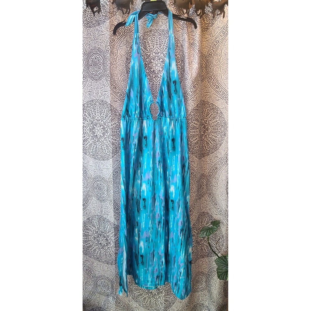 Faded Glory Swim Cover Up Dress Womens 2X Blue Abstract Ikat Halter O-Ring Maxi